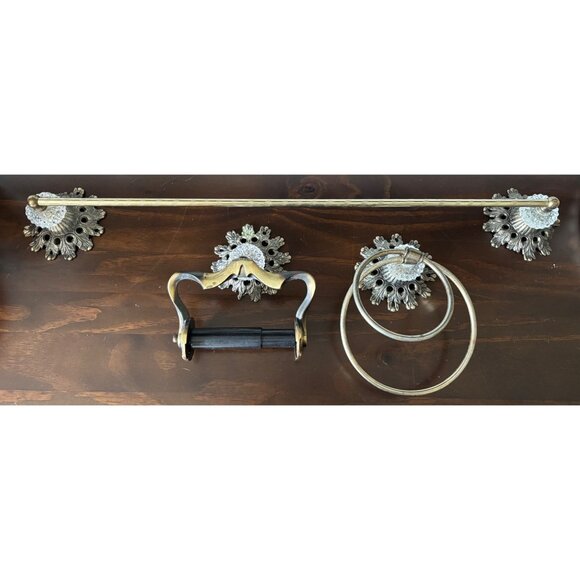 Antique Brass Crystal Ornate Bath Hand Towel Toilet Paper Holder Set Bathroom - Picture 1 of 16